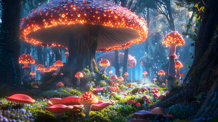 A mystical forest with towering trees and glowing mushrooms