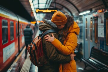 A romantic couple standing on a train platform, embracing each other tightly as they wait for their next journey to begin, with a sense of excitement and anticipation in the train