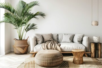 An elegant living space with a soft grey sofa, lush indoor palms, and a blend of natural textures from wood and woven materials.