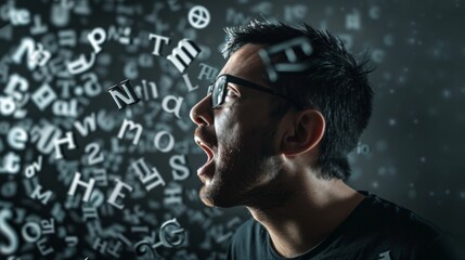 Man shouting with floating letters around him, representing communication, expression, and the power of words in a dynamic visual style.