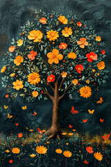 A flowering tree of life representing strength, growth and power of genus. Creative illustration.