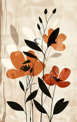 Vintage floral illustration with red and white flowers, abstract leaves, and delicate stems on a beige textured background.