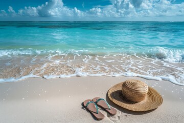 A peaceful beach setting with soft sand and gentle waves lapping at the shore, where a straw hat and a pair of flip-flops are left abandoned, inviting viewers to unwind and take it slow