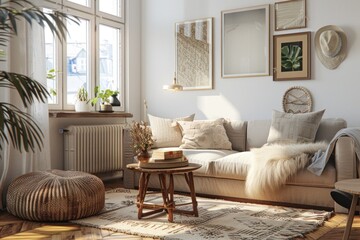 Bright and airy Scandinavian living room with beige couch, wicker accessories, wooden side table, and a variety of textured decorations.