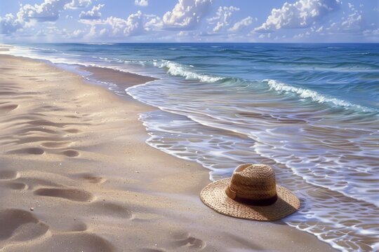 A peaceful beach setting with soft sand and gentle waves lapping at the shore, where a straw hat and a pair of flip-flops are left abandoned, inviting viewers to unwind and take it slow