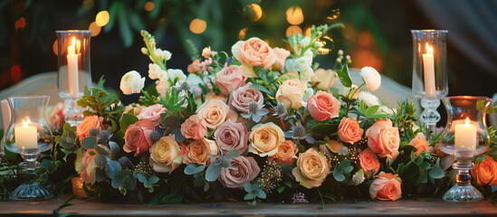 a elegant table reception adorned with a beautiful arrangement of flowers and candles, creating a romantic ambiance.