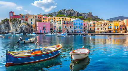 A peaceful coastal village with colorful fishing boats in the harbor