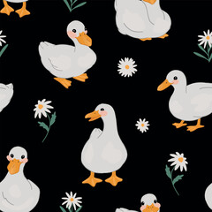Ornament of cute ducks, chamomile flowers. Pretty white goose seamless pattern. Modern children's vector design.