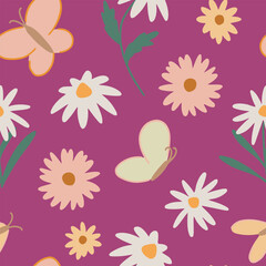 Cute flowers, insects vector seamless pattern. Simple ornament for children's designs.