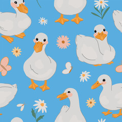 Ornament of cute ducks, flowers and insects. Pretty white goose seamless pattern. Modern children's vector design.