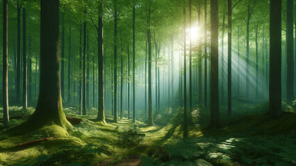 Obraz premium A Tranquil Sunlit Forest with Rays of Light Filtering Through Tall Trees, Creating a Serene and Peaceful Atmosphere, Ideal for Relaxation and Nature Lovers