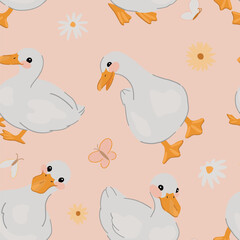 Ornament of cute ducks, flowers and insects. Pretty white goose seamless pattern. Modern children's vector design.
