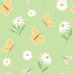 Cute chamomile flowers, insects vector seamless pattern. Simple ornament for children's designs.