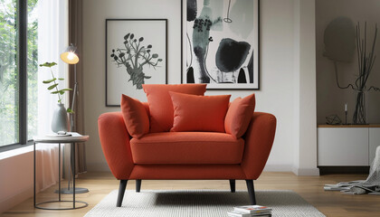 Stylish orange fabric armchair in a contemporary living room with clean lines and neutral tones, perfect for adding a pop of color to your home decor