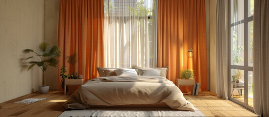 Stylish orange linen curtains in a minimalist bedroom with natural light and wooden floors, adding a touch of warmth and color