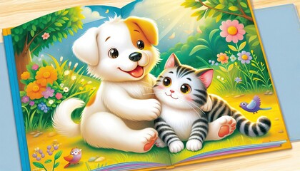 Obraz premium A children's book illustration depicting a friendship between a dog and a cat. 