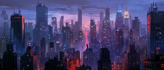 Illustrated bustling metropolitan center at dusk, towering skyscrapers and streetlights