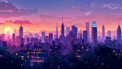 Fototapeta premium Illustrated panoramic view of a bustling metropolitan skyline at dusk