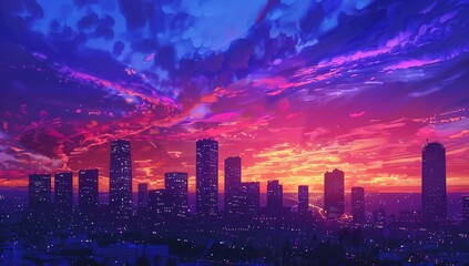 Obraz premium Painted cityscape with skyscrapers silhouetted against a vibrant twilight sky