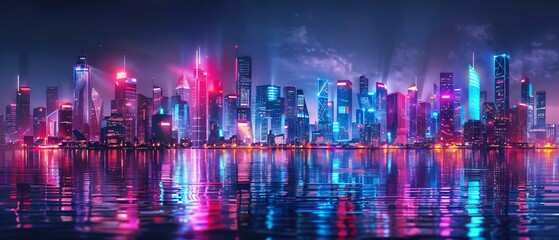 Obraz premium Painted modern city skyline illuminated by colorful neon lights, vibrant energy