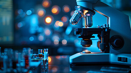 Digital microscope for research in dark medical laboratory, modern equipment and blue lights on lab background. Concept of technology, medicine, science
