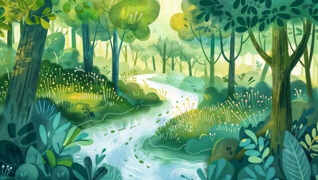 Whimsical forest illustration with a babbling brook and ancient, gnarled trees