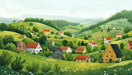Illustrated rural village scene, quaint homes nestled in rolling green hills