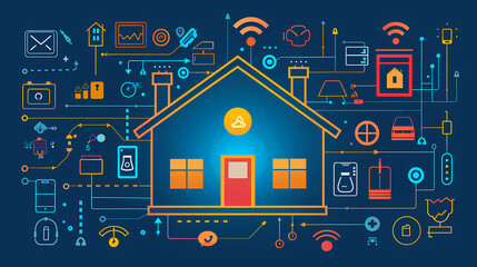 Obraz premium Home automation system concept.Smart home control.Internet of things technology of home automation system.Internet of things (IOT) illustration with icons of house and appliances.
