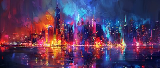 Fototapeta premium Painted modern city skyline illuminated by colorful neon lights, vibrant energy