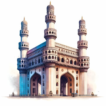 Watercolor illustration of Charminar in Hyderabad.