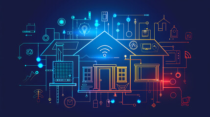 Naklejka premium Home automation system concept.Smart home control.Internet of things technology of home automation system.Internet of things (IOT) illustration with icons of house and appliances.