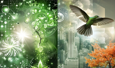 Green World. Background images showing a world without emissions, music in the fight for green energy