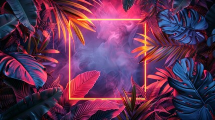 A diamond frame design with an abstract neon background and tropical leaves