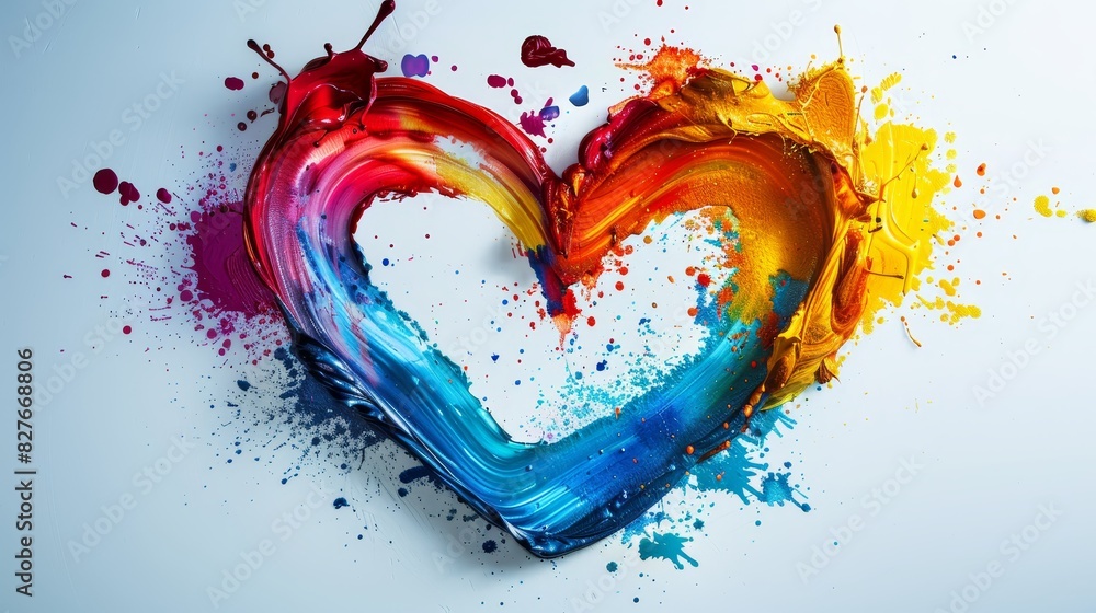 Poster a dynamic illustration showcasing colorful paint splashes arranged in the outline of an elegant hear