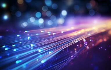 Fiber optics network cable for ultra fast internet communications technology purple led light background.
