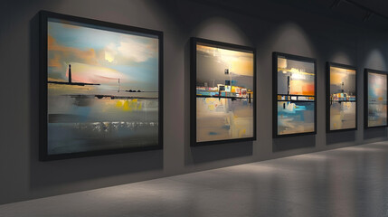 A series of paintings in a modern art museum, each framed in black, depicting abstract renditions of tranquil coastal towns at sunset.