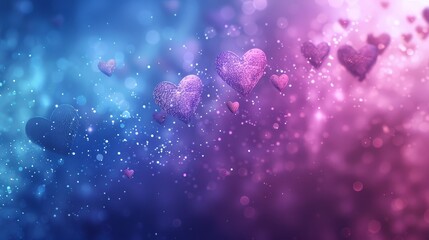 A vibrant Valentine background with hearts flying of purple and blue