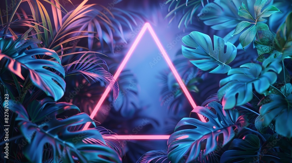 Poster an abstract neon backdrop featuring tropical leaves and a triangular frame