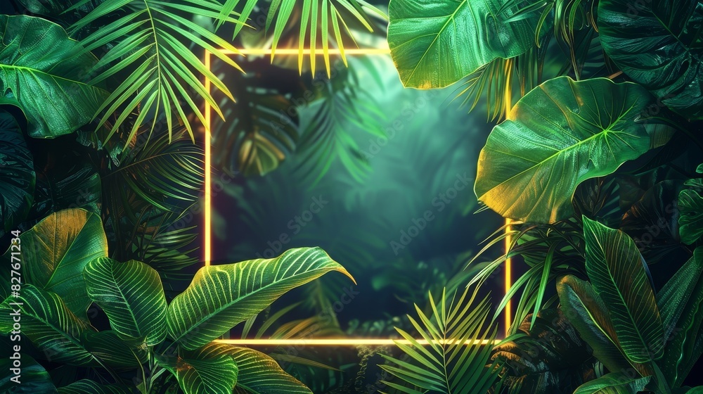 Poster an artistic square frame design with an abstract neon background and tropical leaves, using a color 