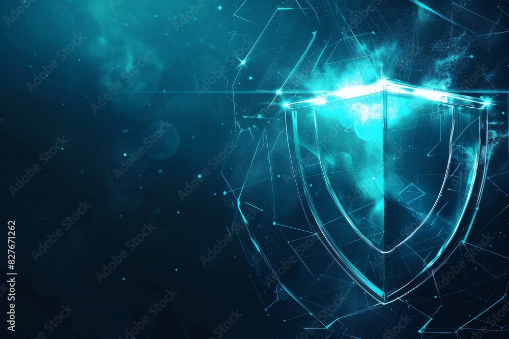 Poster digital shield in a cyber network represents cybersecurity, data protection, and technology security