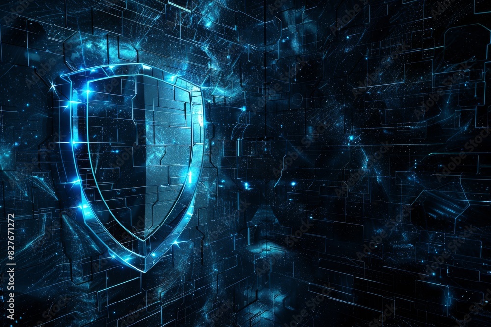 Poster digital shield symbolizing cybersecurity and data protection in a futuristic, blue-hued technology m