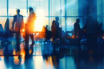 Business professionals in a conference room, network background abstract blurred, symbolizing modern communication