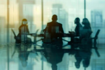 Business professionals in a conference room, network background abstract blurred, symbolizing modern communication