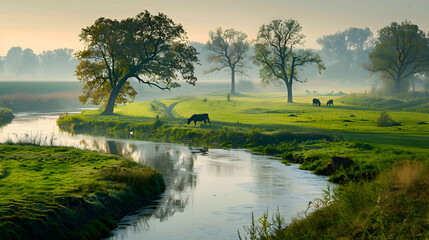 Obraz premium A peaceful countryside with a winding river and grazing cattle