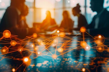 Businesspeople at a roundtable discussion, network background abstract blurred, showcasing collaboration