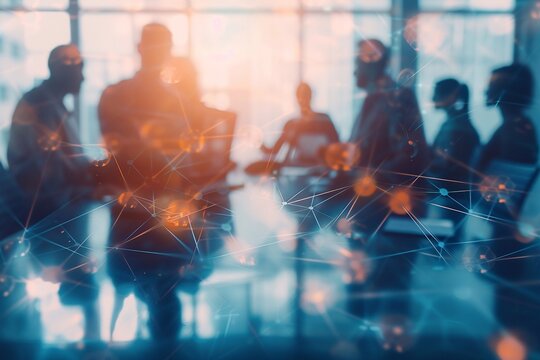 Business team in a workshop, network background abstract blurred, symbolizing learning