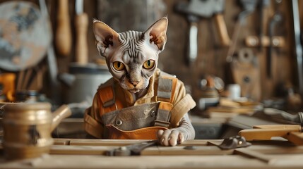Feline Craftsmanship A Sphynx Cat Masterfully Executes a Carpenters Job in a WellLit Studio