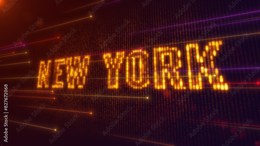 Poster abstract futuristic orange purple shiny perspective square hud mosaic grid of new york digital displ
