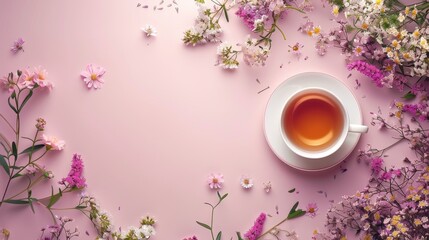 Cup Of Tea Surrounded By Spring Flowers On A Pastel Pink Background. Generative AI