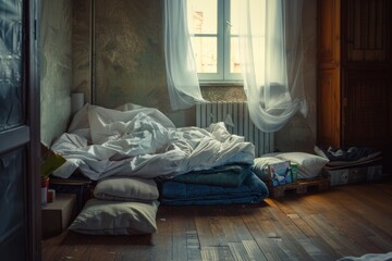 Sunlit room with bed linens piled on the floor amidst moving boxes, and a window with billowing white curtains.